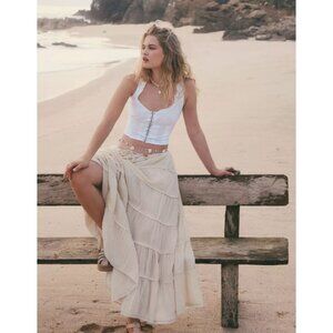 Free People Simply Smitten Maxi Skirt Tiered Tie Waist Natural Cream XL